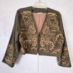 Soft Surroundings Womens L‎ Embroidered Beaded Crop Jacket Green Gold Boho Fall